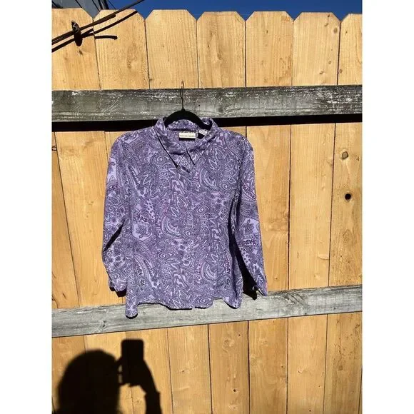 Apostrophe Womens Top Size XL Paisley 3/4 Sleeve Shirt Purple Button Up Spring - Picture 2 of 9